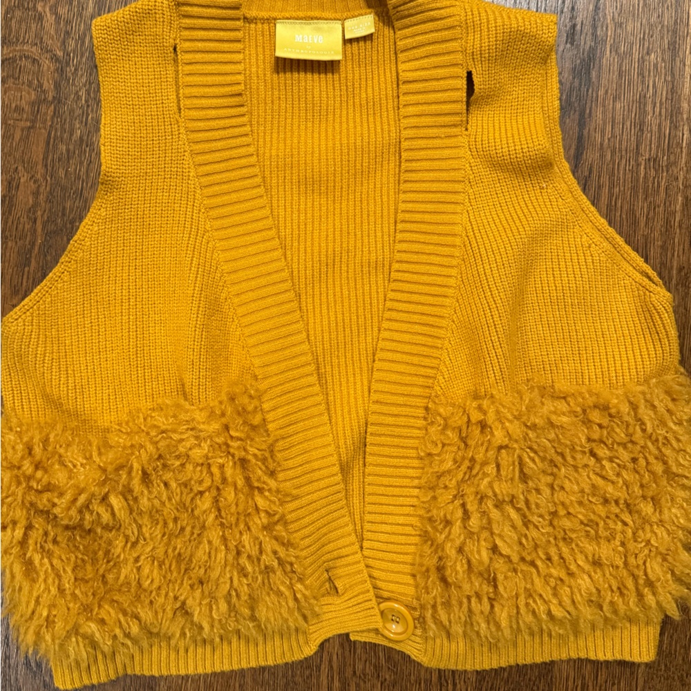 Anthropologie Mustard Cardigan with Faux Fur Detail